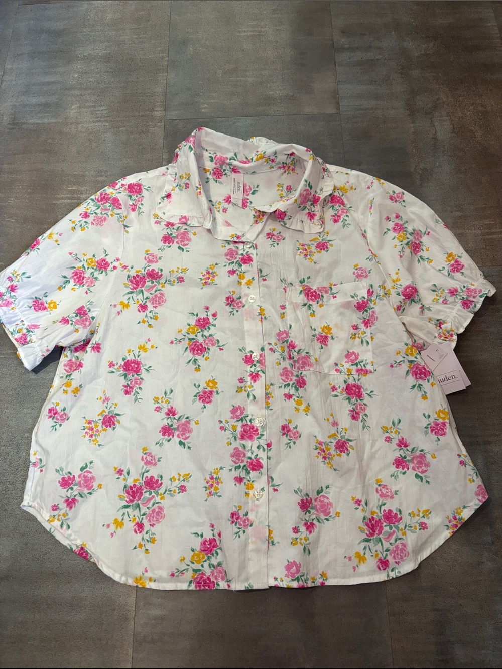 Auden White Floral Short-Sleeve Pajama Top large with Roses TOP ONLY